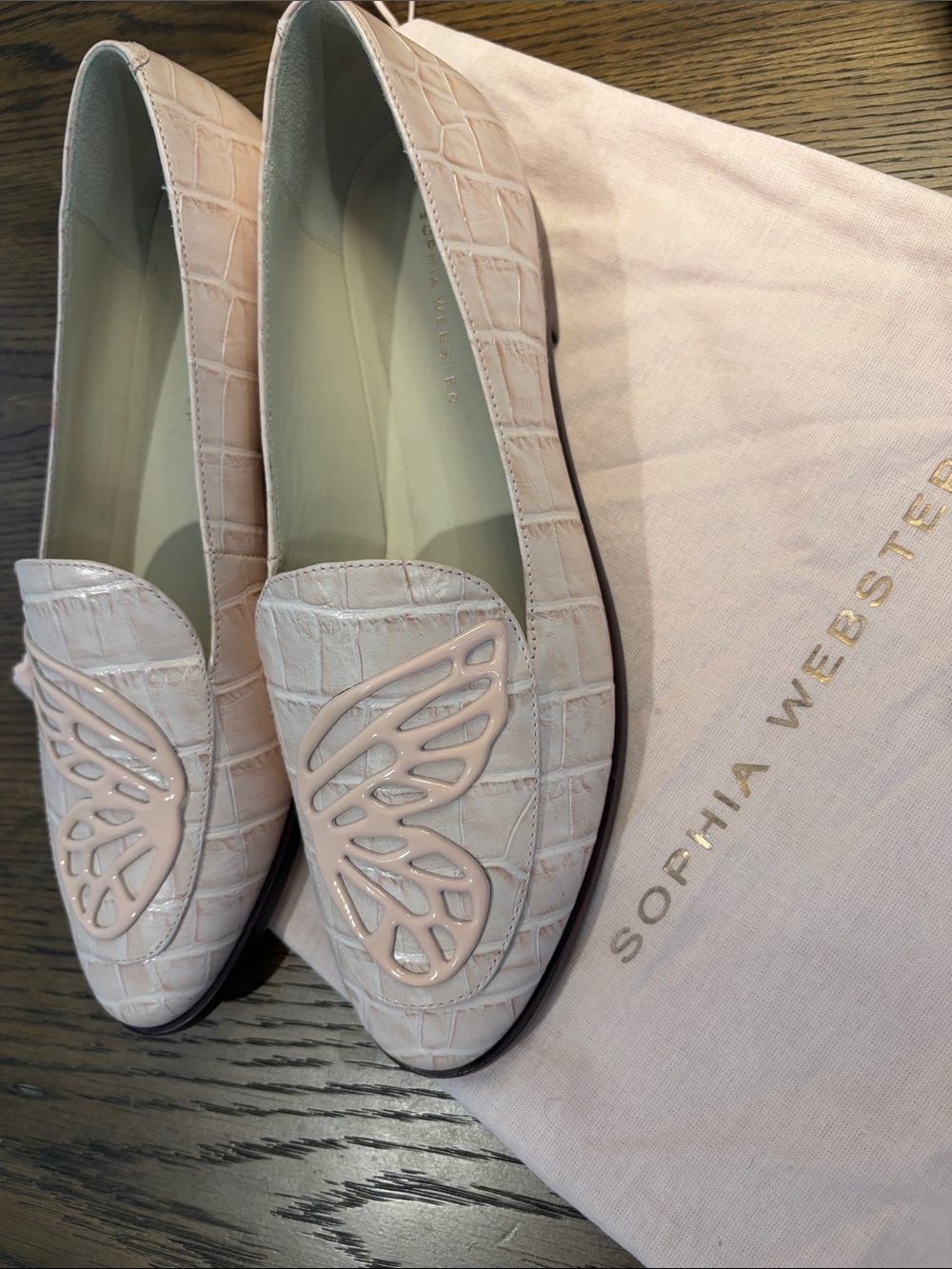Sophia Webster Pale Pink Croc-Embossed Leather Loafers with Butterfly Appliqué